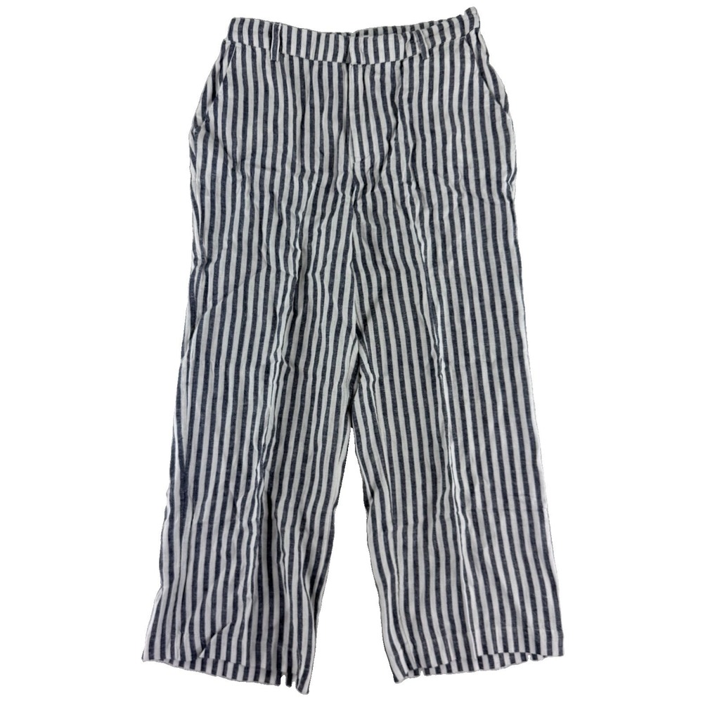 Candace Cameron Bure Linen Wide Leg Crop Pants Size 4 Dark Blue Striped